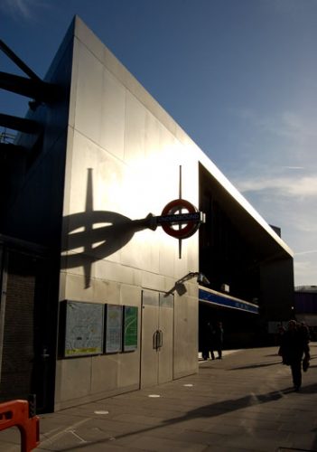 Wood Lane Station: Entrance at sunset