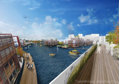 (c) Ian Ritchie Architects Ltd - Royal Docks view looking west towards Canary Wharf